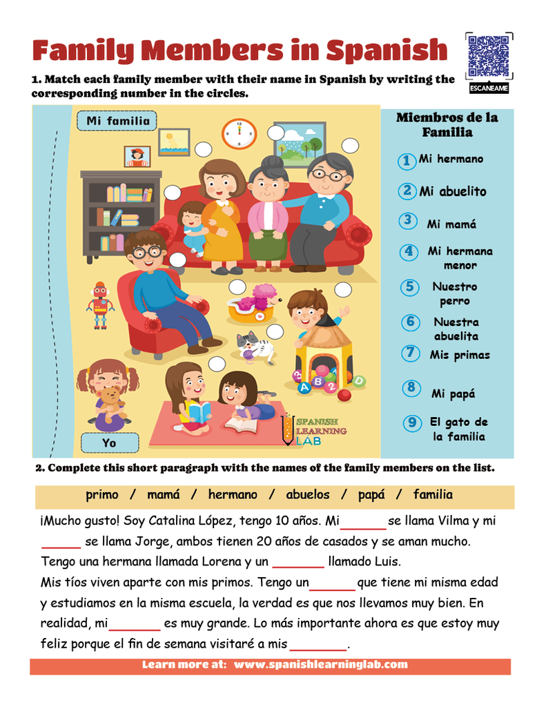 family members in Spanish worksheet PDF with answers and exercises