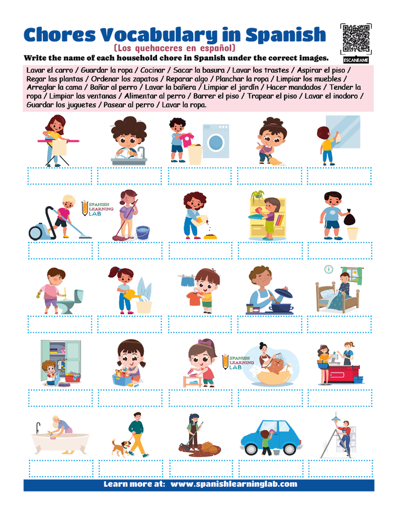 The vocabulary for household chores in Spanish worksheet PDF