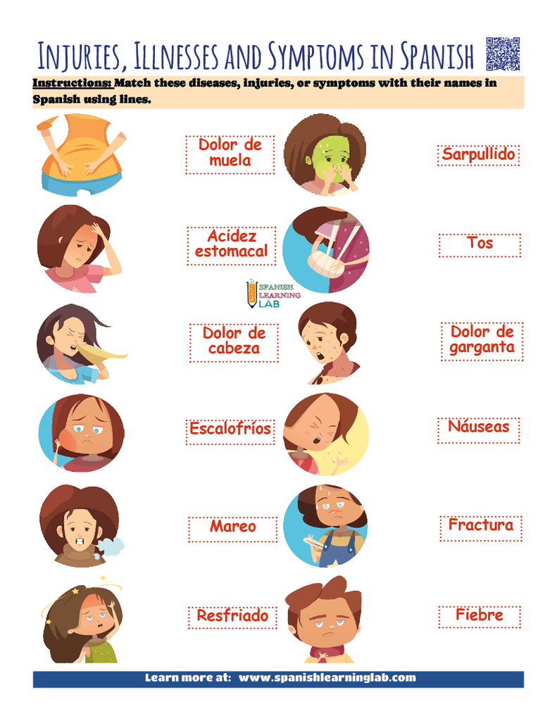 Practice the vocabulary for injuries, symptoms and illnesses in Spanish with a PDF worksheet