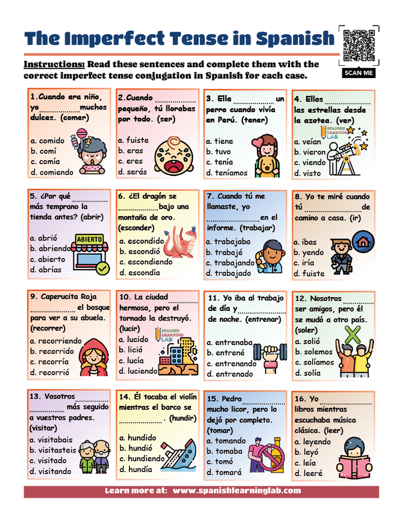 practice the imperfect tense in Spanish with a multiple choice exercise in a PDF worksheet