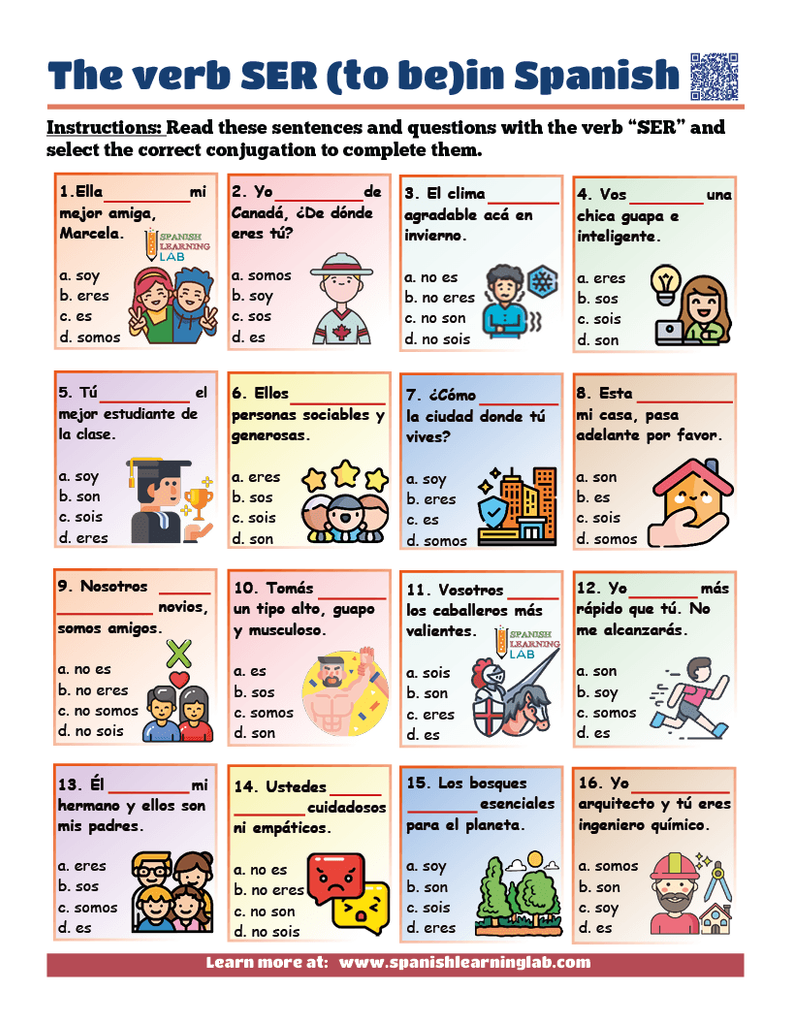 conjugating the verb SER in Spanish worksheet PDF with exercises