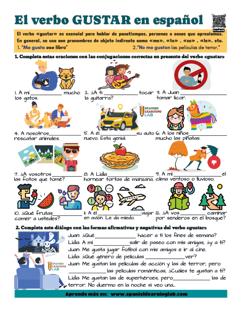 Usando y conjugando el verbo GUSTAR en español ejercicios PDF con oraciones y diálogo