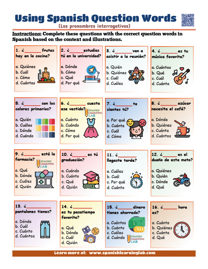 How to make questions using Spanish question words worksheet pdf