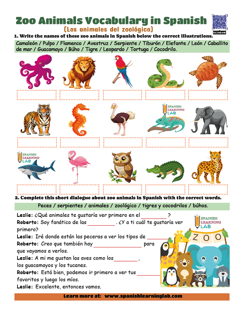 The vocabulary of zoo animals in Spanish worksheet PDF