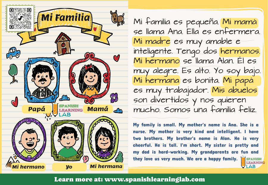 a short text with a family description in Spanish examples