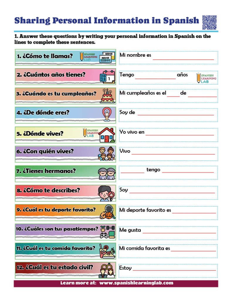 asking for and giving personal information in Spanish sharing PDF worksheet