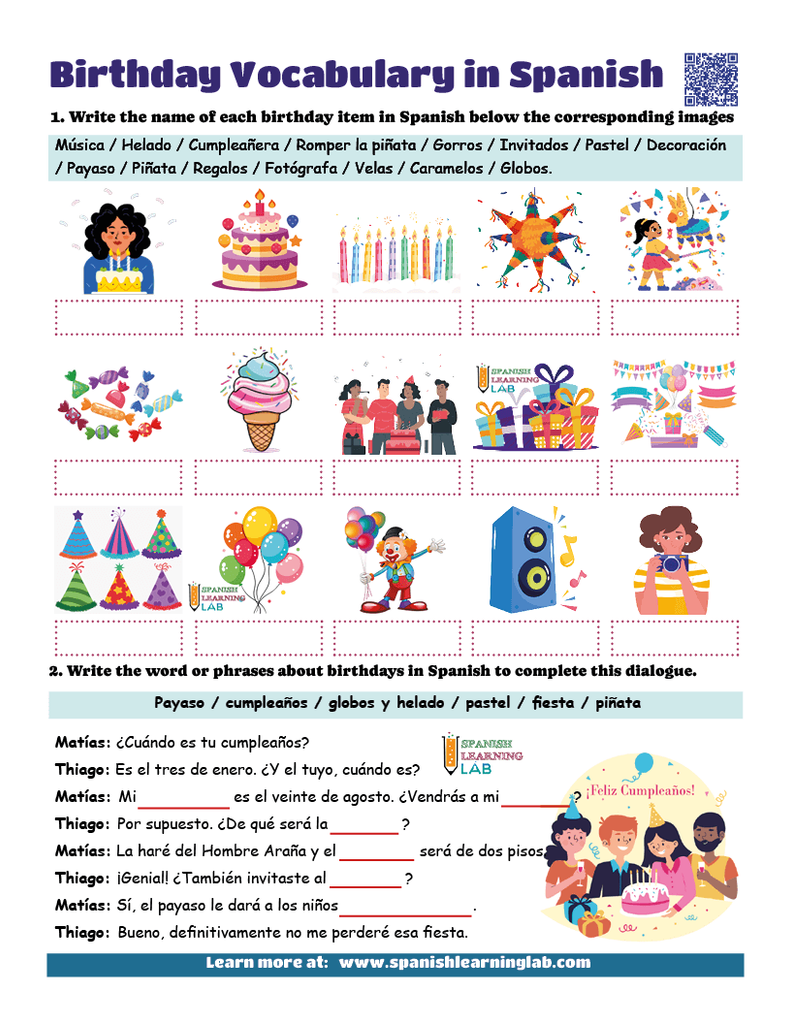 Birthday vocabulary in Spanish worksheet PDF with exercises