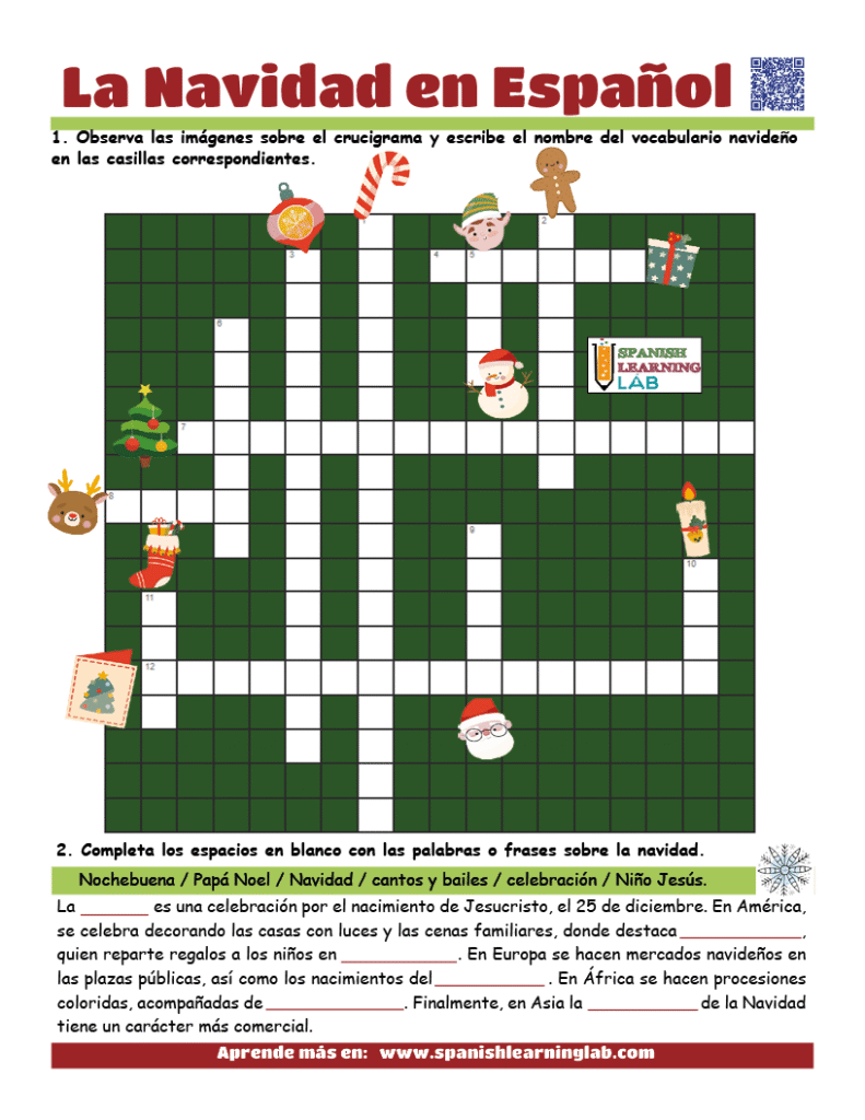 un crucigrama con el vocabulario de la navidad en español ejercicios pdf