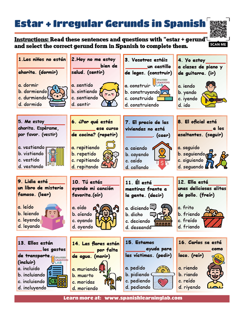 using estar + irregular gerunds in Spanish worksheet PDF with exercises