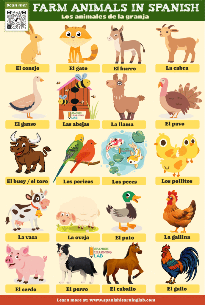the vocabulary for farm animals in Spanish words examples exercises
