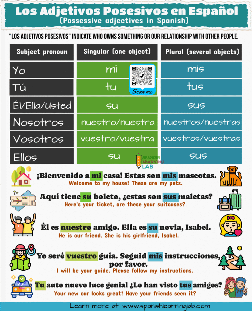examples of possessive adjectives in Spanish chart with sentences