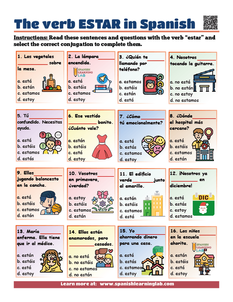 Conjugating and using the verb estar worksheet pdf with exercises in the present tense