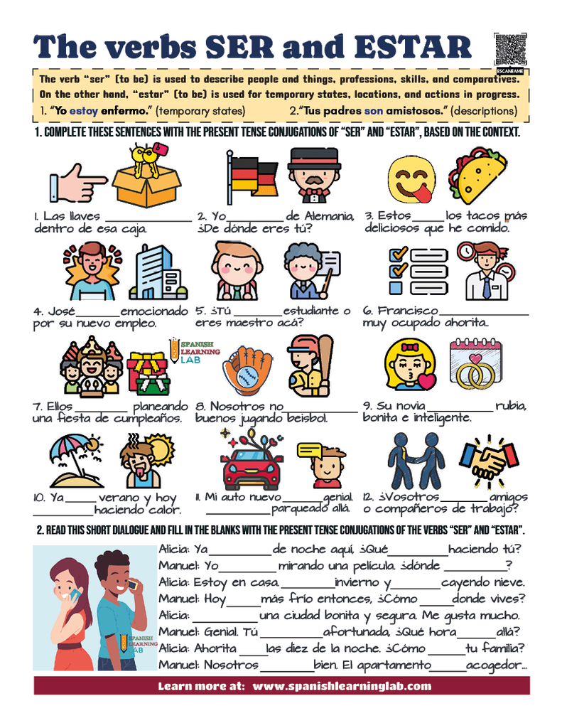 differences between ser and estar in Spanish worksheet pdf with sentences and a dialogue