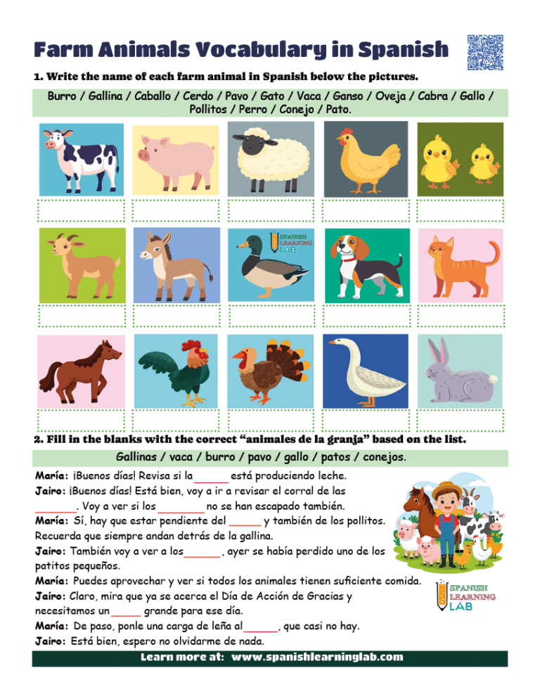 Farm Animals in Spanish - Vocabulary Worksheet PDF - Spanish Learning Lab