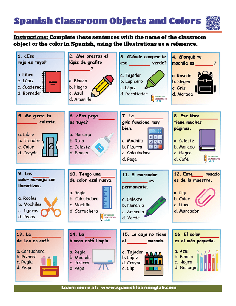 Classroom objects Spanish colors worksheet PDF with multiple choice exercises