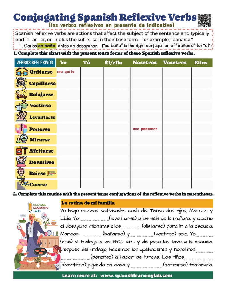 conjugating reflexive verbs in Spanish worksheet pdf with chart and paragraph