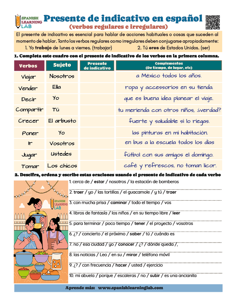 conjugando verbos en presente de indicativo en español ejercicios PDF con oraciones y recuadro
