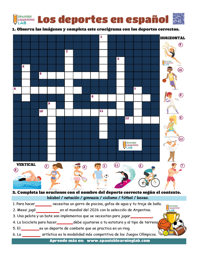 practica el vocabulario de los deportes en español con un crucigrama y ejercicios en PDF