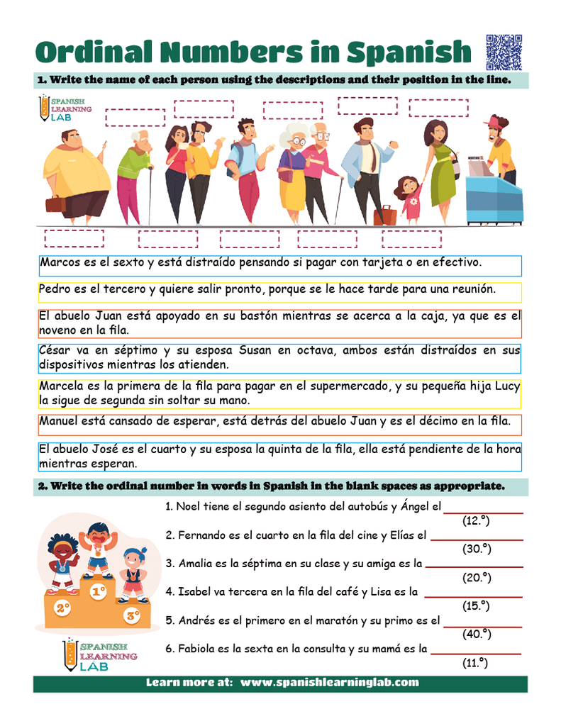 Ordinal numbers in Spanish worksheet pdf