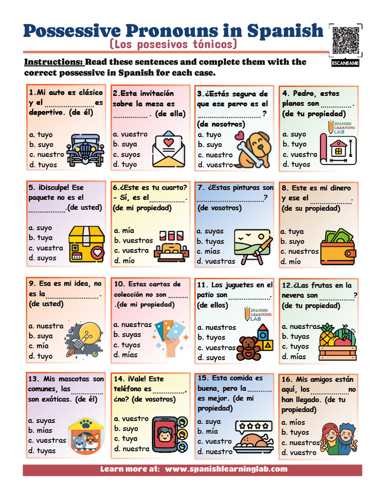 practice possessive pronouns in Spanish worksheet PDF with multiple choice exercises