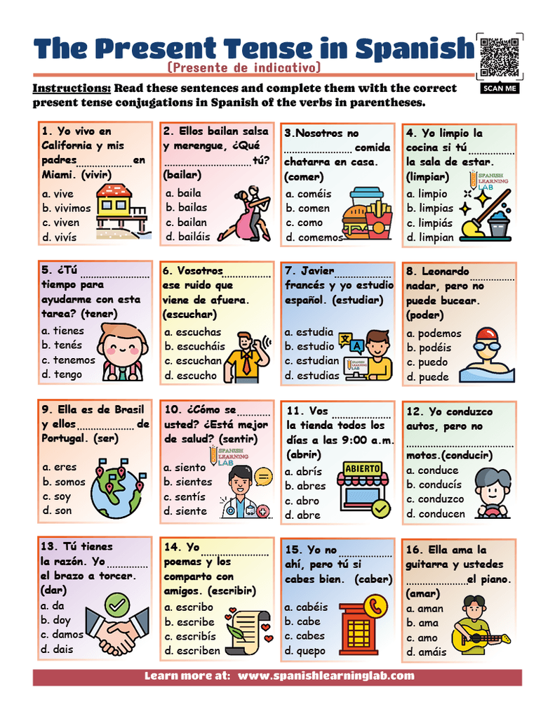 conjugating verbs in the present tense in Spanish worksheet PDF