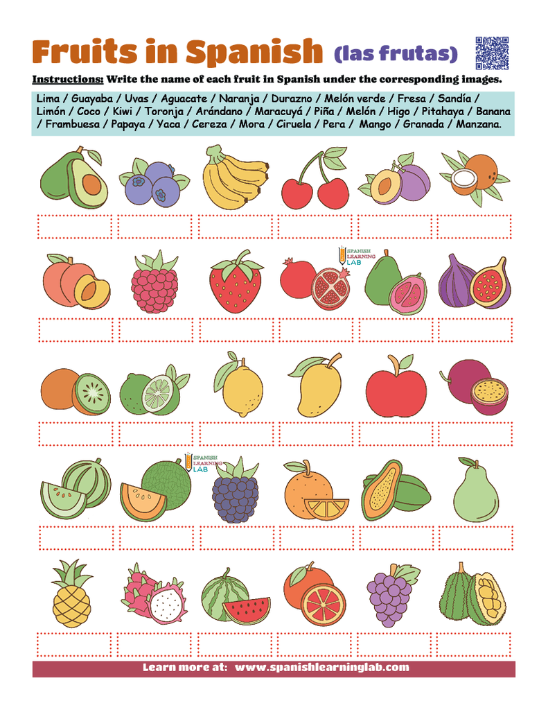 fruits vocabulary in Spanish worksheet PDF with illustrations
