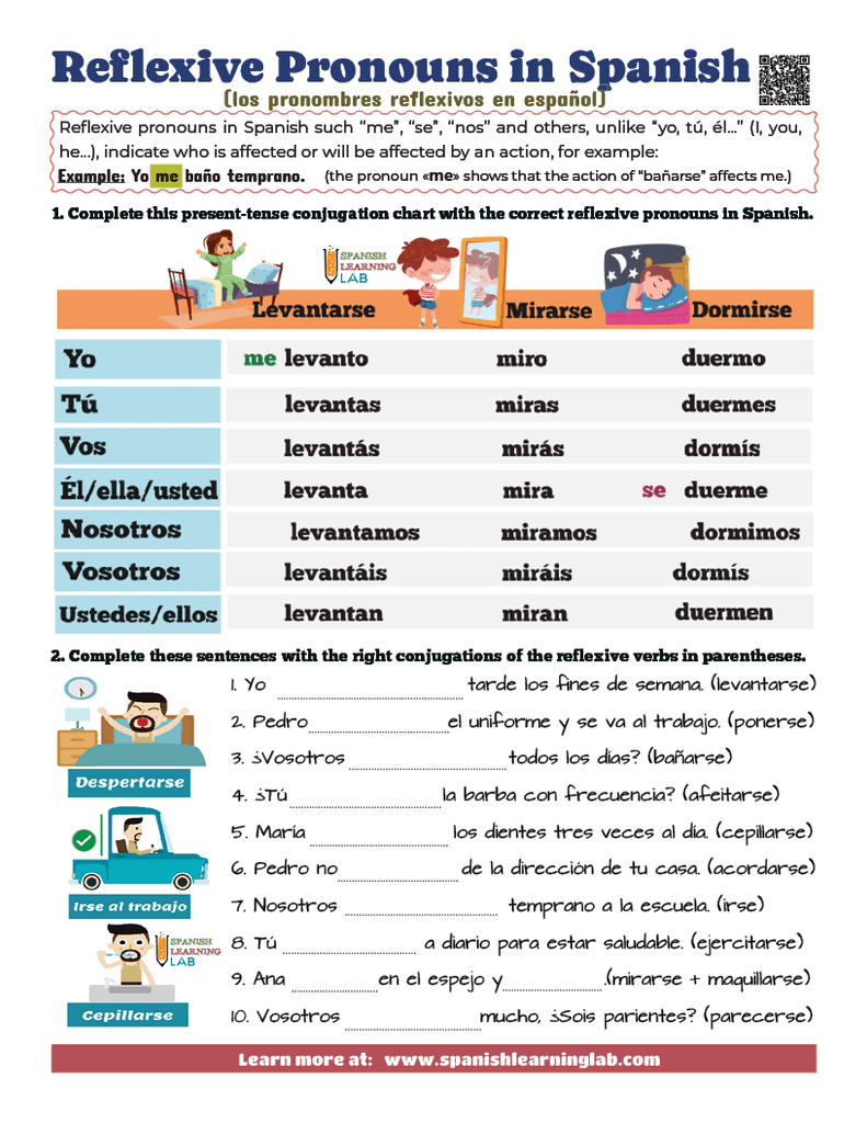 Using Spanish reflexive pronouns worksheet PDF with chart and sentences
