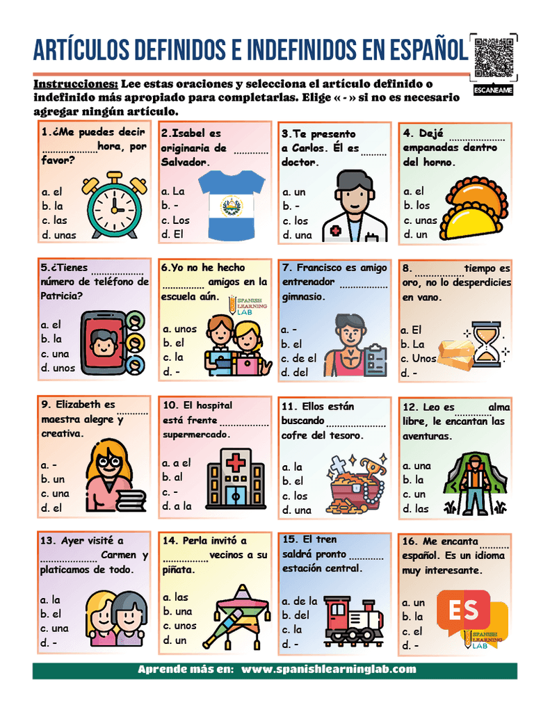 practica los artículos definidos e indefinidos en español con ejercicios en PDF
