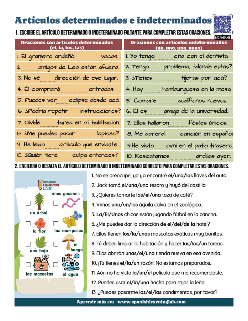 practica los articulos determinados e indeterminados en español ejercicios PDF