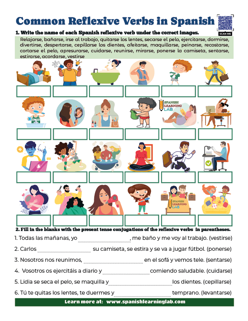 the vocabulary for common reflexive verbs in Spanish worksheet PDF
