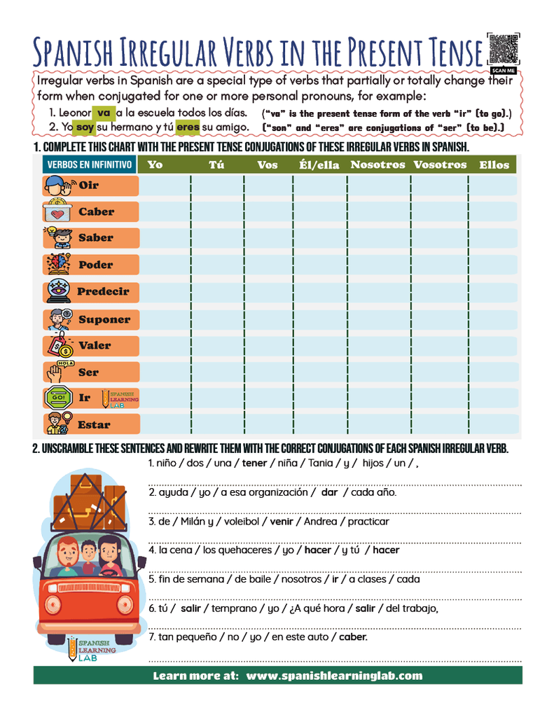 conjugating irregular verbs in Spanish worksheet pdf in the present tense