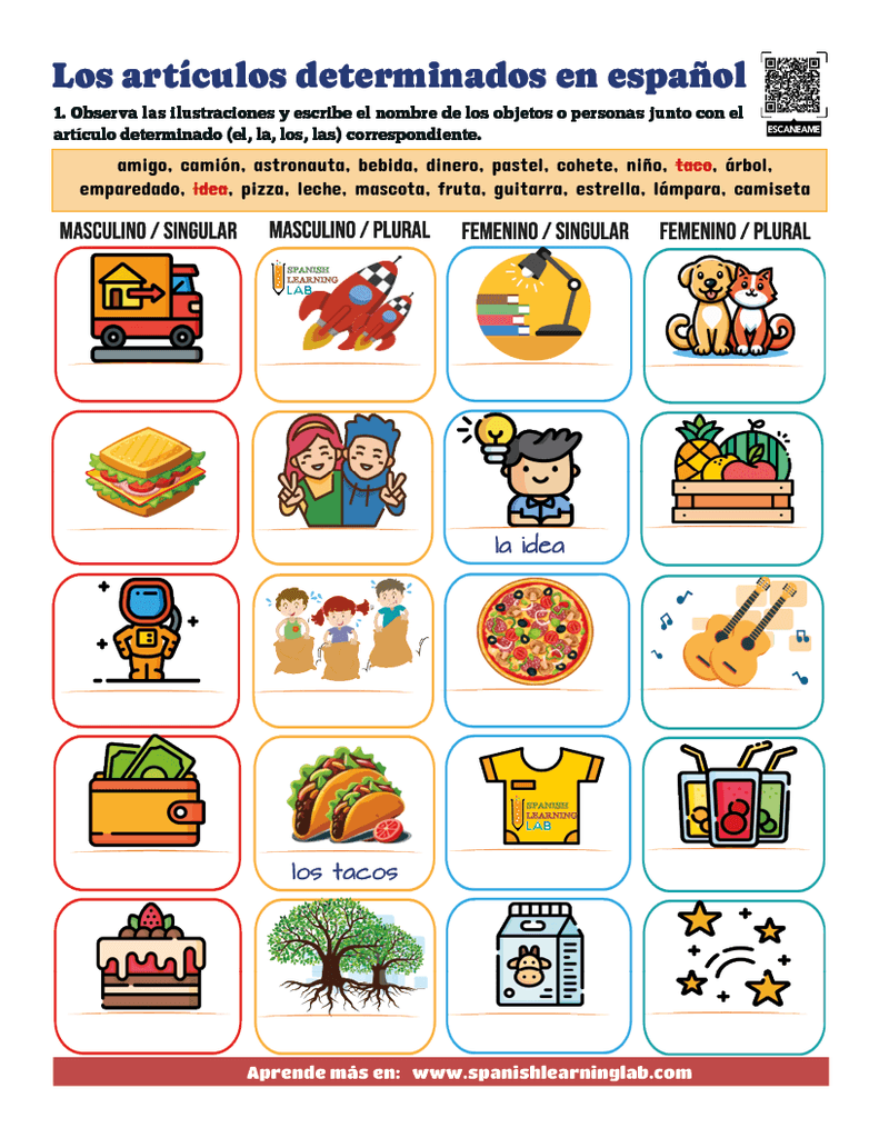 practica los artículos determinados o definidos en español con imágenes y una lista de palabras