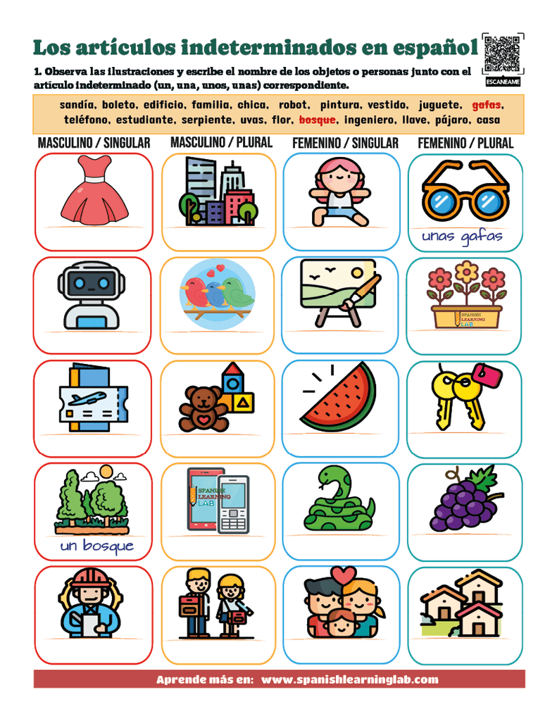 practica los artículos indeterminados en español ejercicios PDF vocabulario y gramática