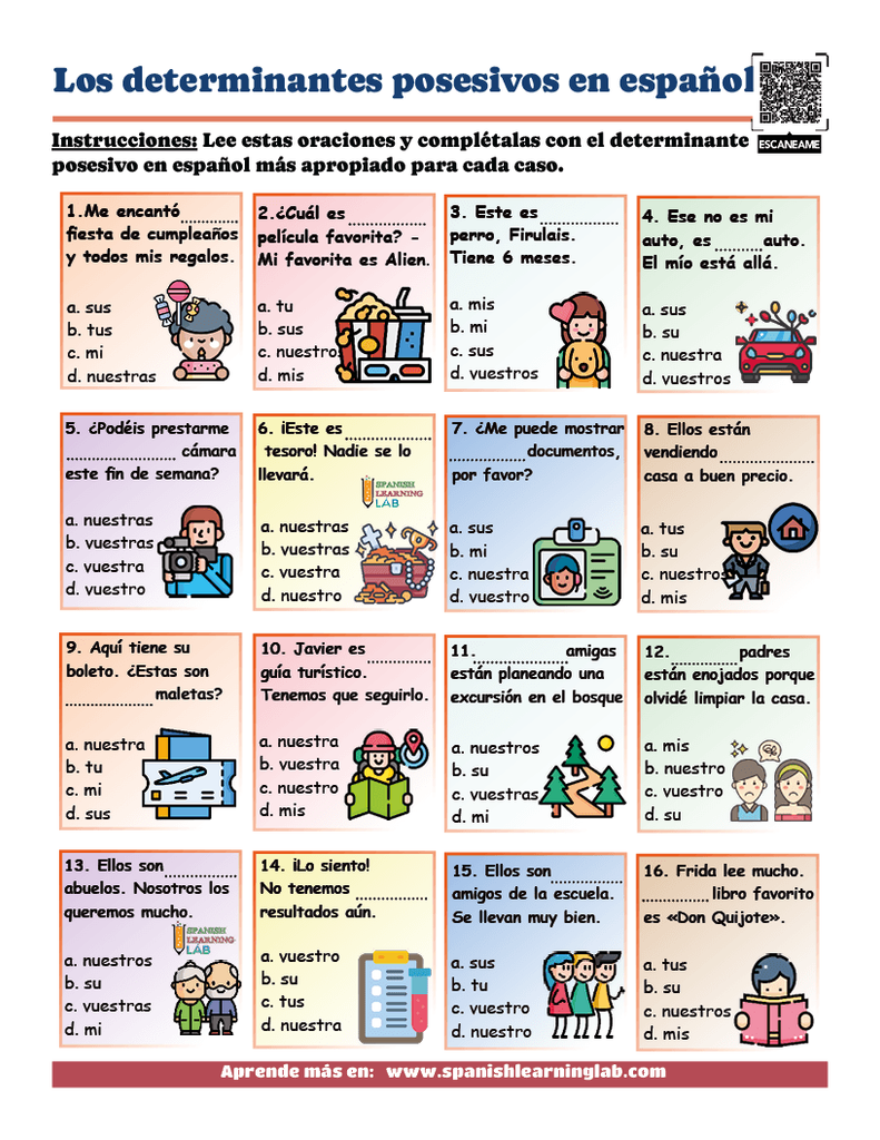 los determinantes posesivos en español ejercicios pdf sobre posesiones