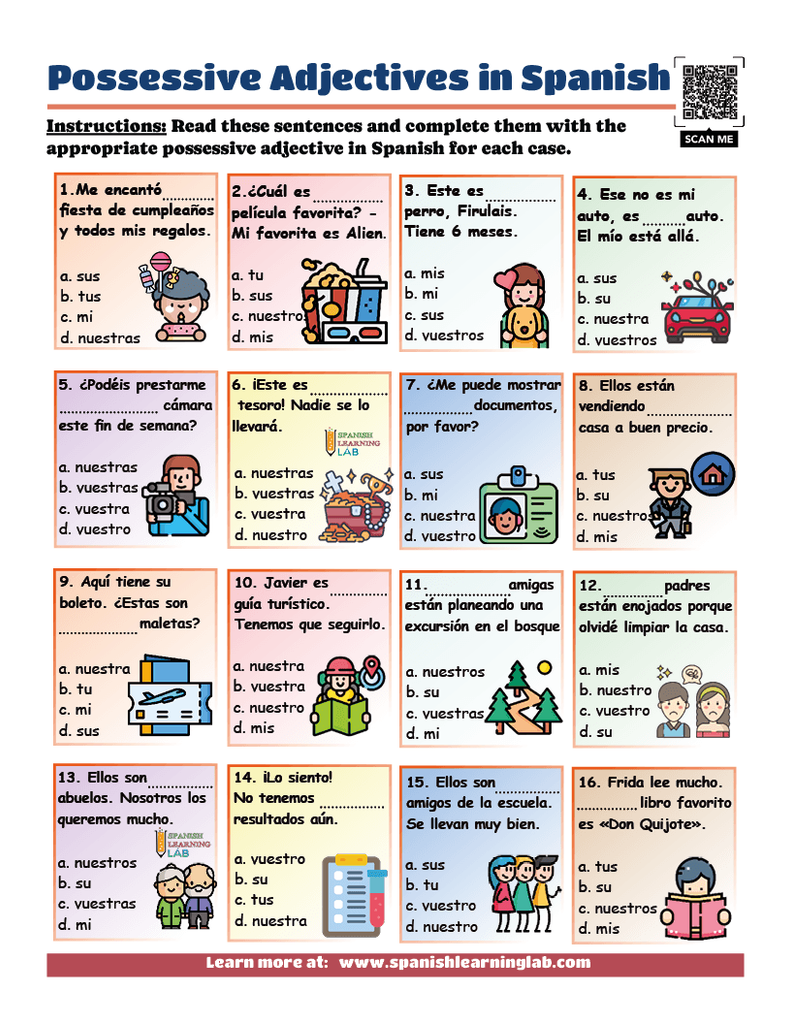 Practice possessive adjectives in Spanish with multiple choice exercises in a PDF worksheet
