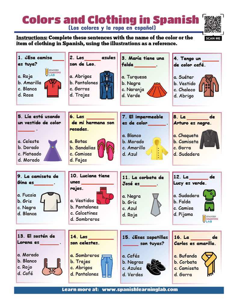practice colors and items of clothing in Spanish with a multiple choice activity in a PDF worksheet