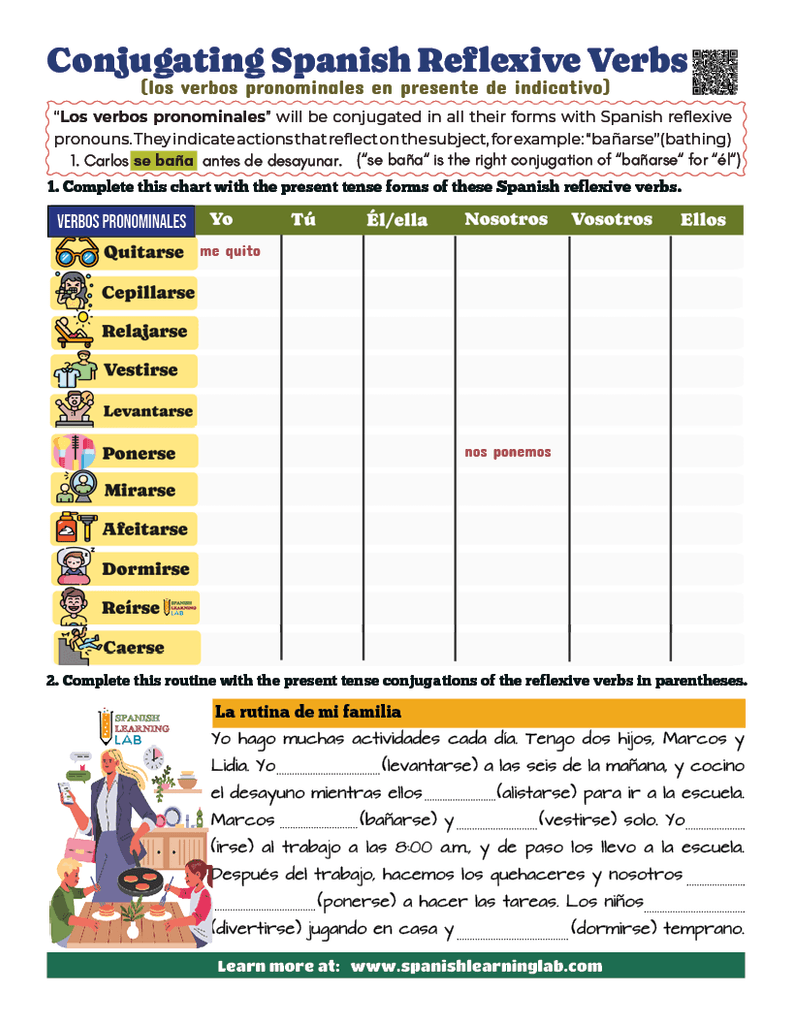 conjugating reflexive verbs in Spanish worksheet pdf with chart and paragraph