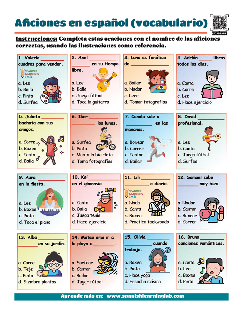 el vocabulario de las aficiones en español ejercicios PDF