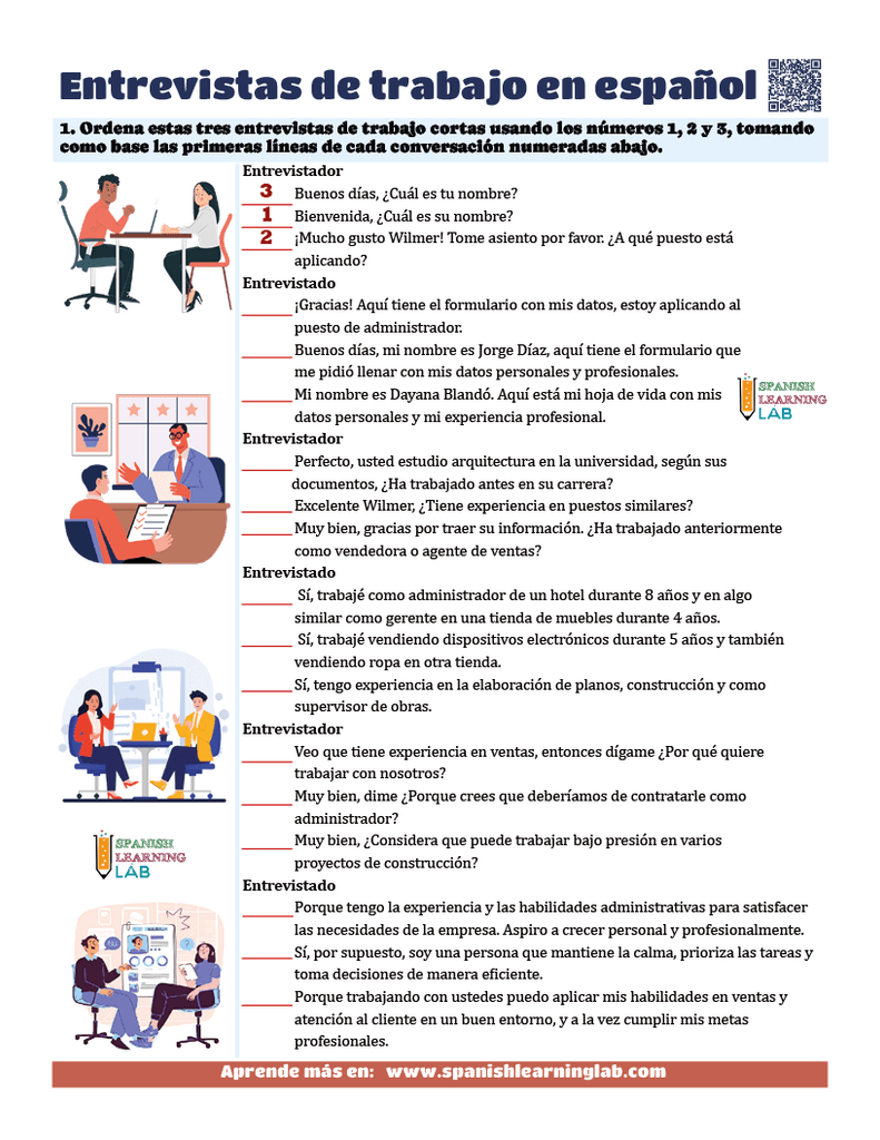ejemplos de entrevistas de trabajo en español ejercicios PDF conversaciones