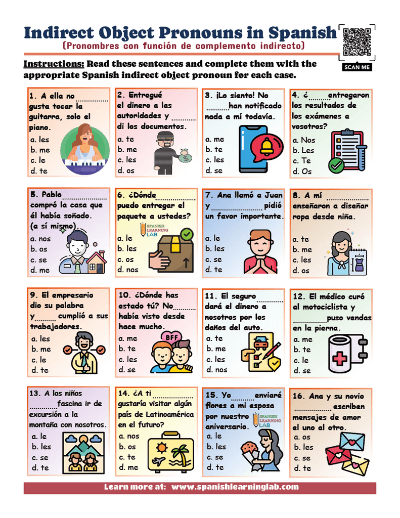 Practice indirect object pronouns in Spanish with a multiple choice exercise in a PDF worksheet