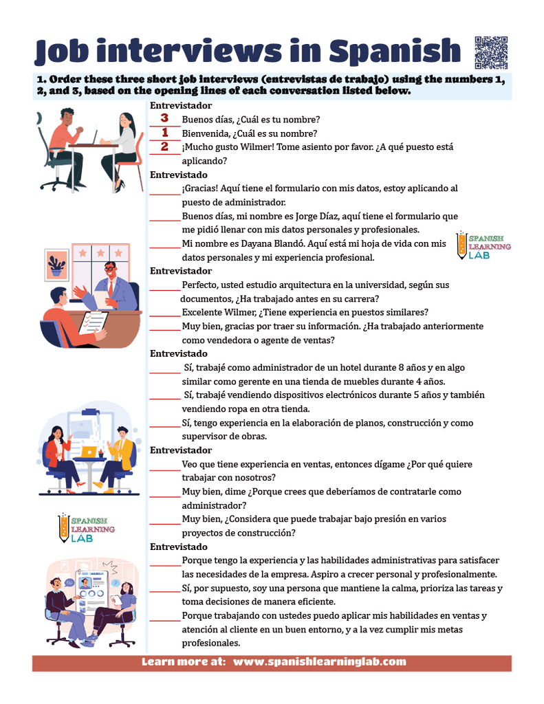 job interviews in Spanish worksheet pdf conversation practice