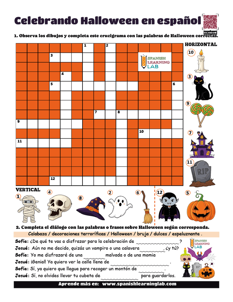 Celebrando Halloween en español ejercicios PDF crucigrama