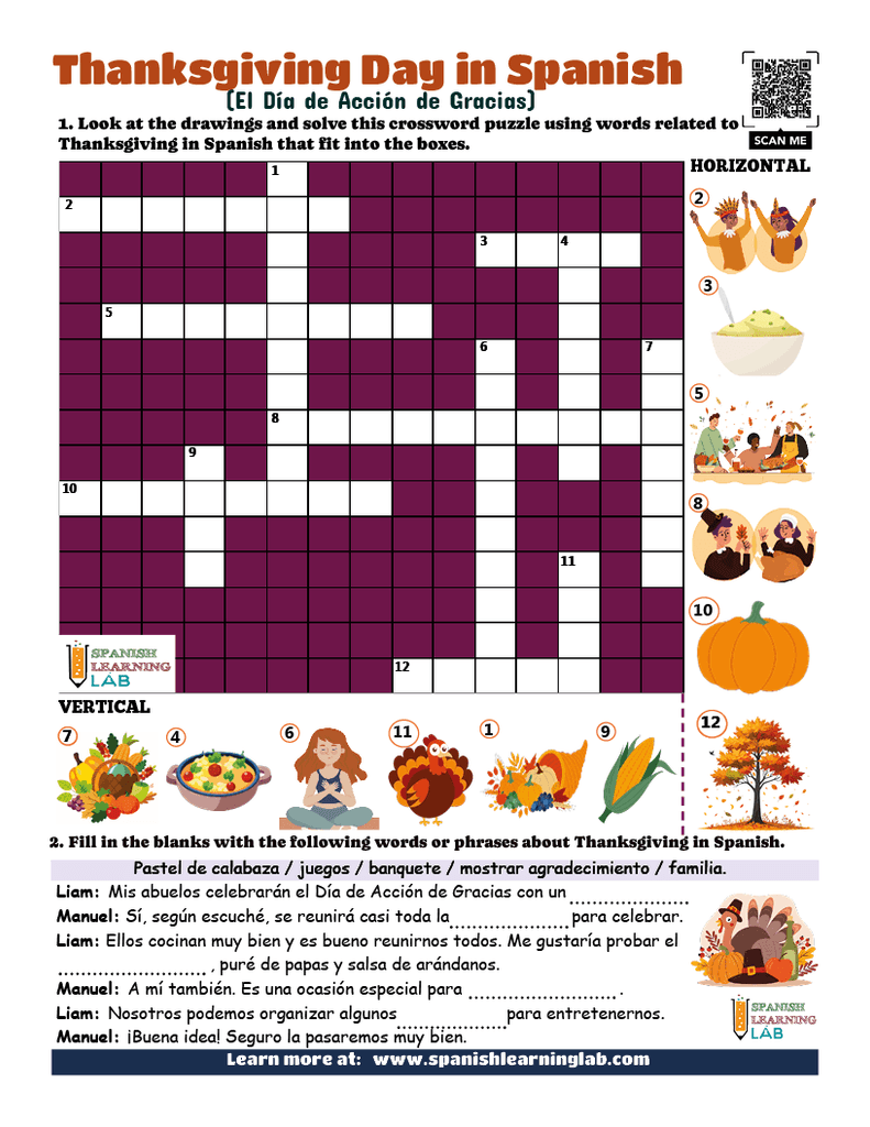 practice the vocabulary about thanksgiving day in Spanish with a crossword puzzle and a short dialogue