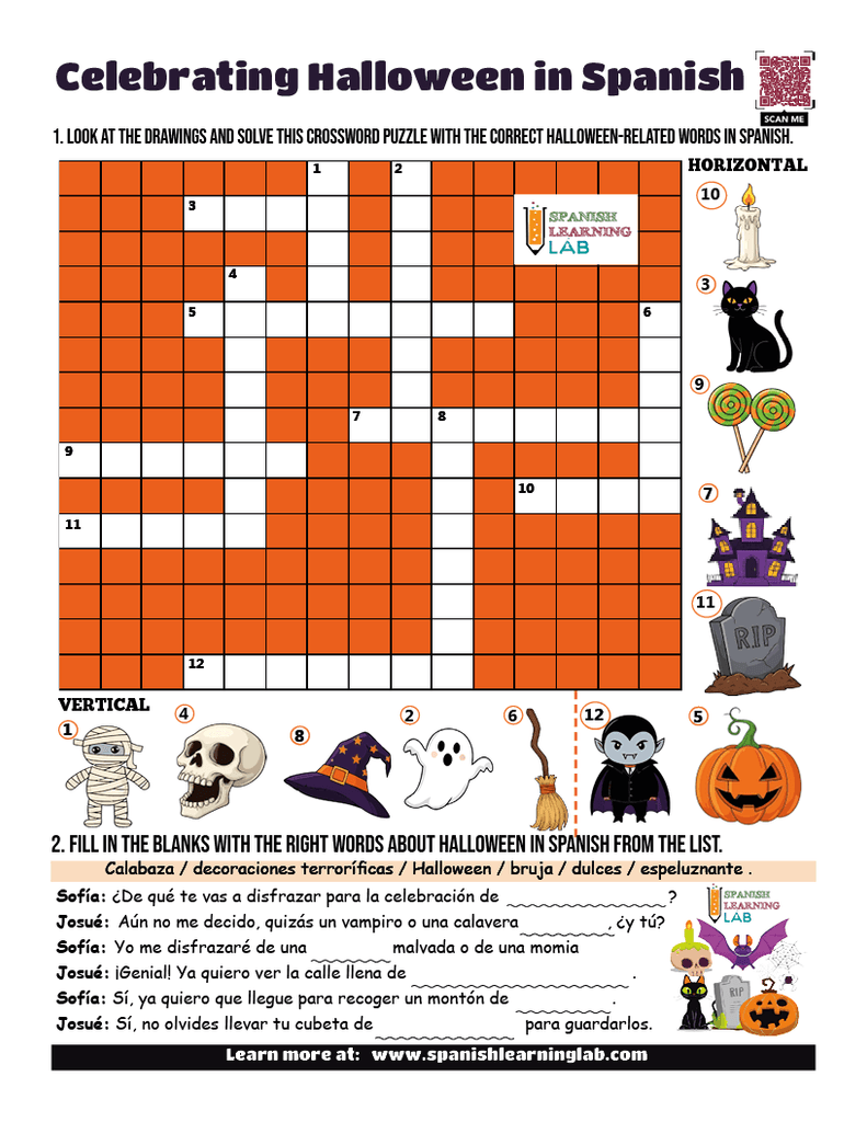 celebrating halloween in Spanish worksheet PDF with crossword puzzle and dialogue