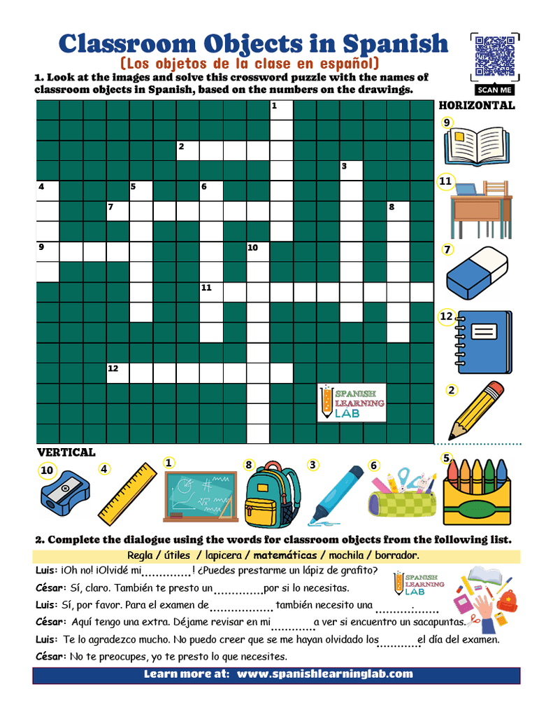 practice classroom objects in Spanish with a crossword puzzle