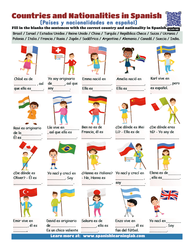 practice vocabulary of countries and nationalities in Spanish worksheet PDF with sentences