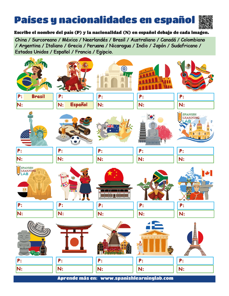 practica etiquetando países y nacionalidades en español ejercicios PDF