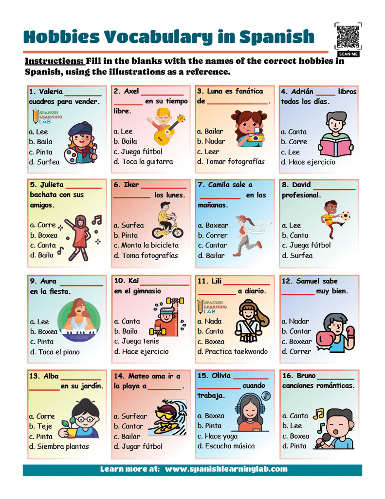 practice hobbies vocabulary in Spanish worksheet PDF multiple choice