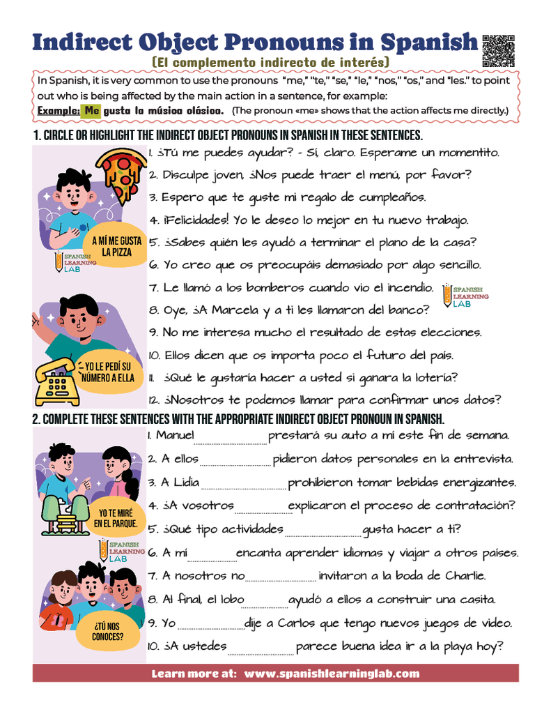 Practice indirect obejct pronouns in Spanish worksheet PDF