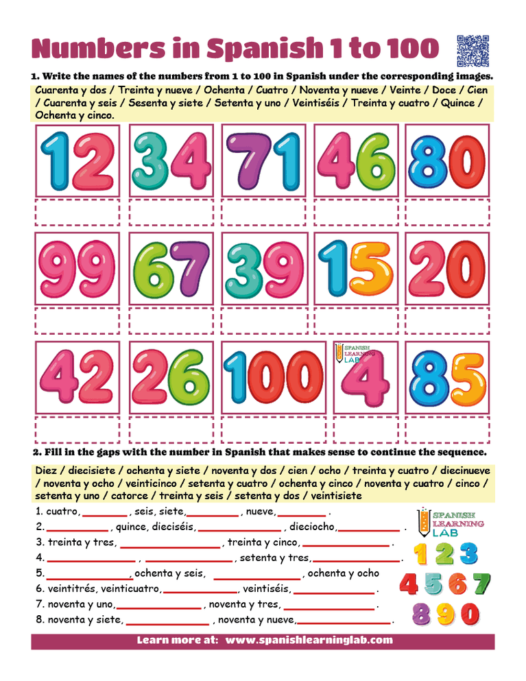 Household Experiments Worksheet.pdf Numbers in Spanish 1 to 100 – PDF Worksheet No. 2 - Spanish Learning Lab